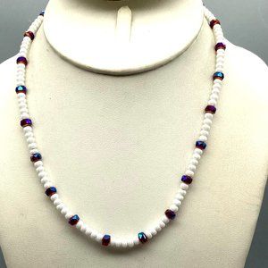 Vintage Shimmering Choker, White Pearlescent Seed Beads with Faceted Red AB